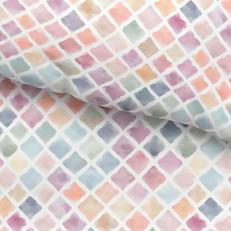 Detailaufnahme des Satin-Stoffs Bice mit handgemalten Rauten in Rosa, Blau, Orange und Flieder – Schweizer Schafwollprodukte Detailaufnahme des Satin-Stoffs Bice mit handgemalten Rauten in Rosa, Blau, Orange und Flieder – Schweizer Schafwollprodukte