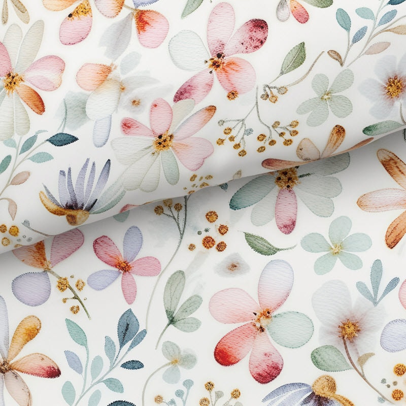 Nahaufnahme des Baumwoll-Stoffs Clara mit zartem Blumenmuster in Pink, Blau und Orange – Schweizer Schafwollprodukte Nahaufnahme des Baumwoll-Stoffs Clara mit zartem Blumenmuster in Pink, Blau und Orange – Schweizer Schafwollprodukte