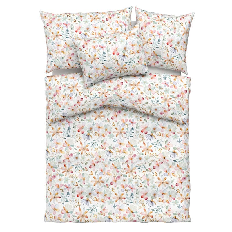 Bettwäsche-Set Clara aus weissem Satin mit feinen Wiesenblumen in bunten Pastellfarben