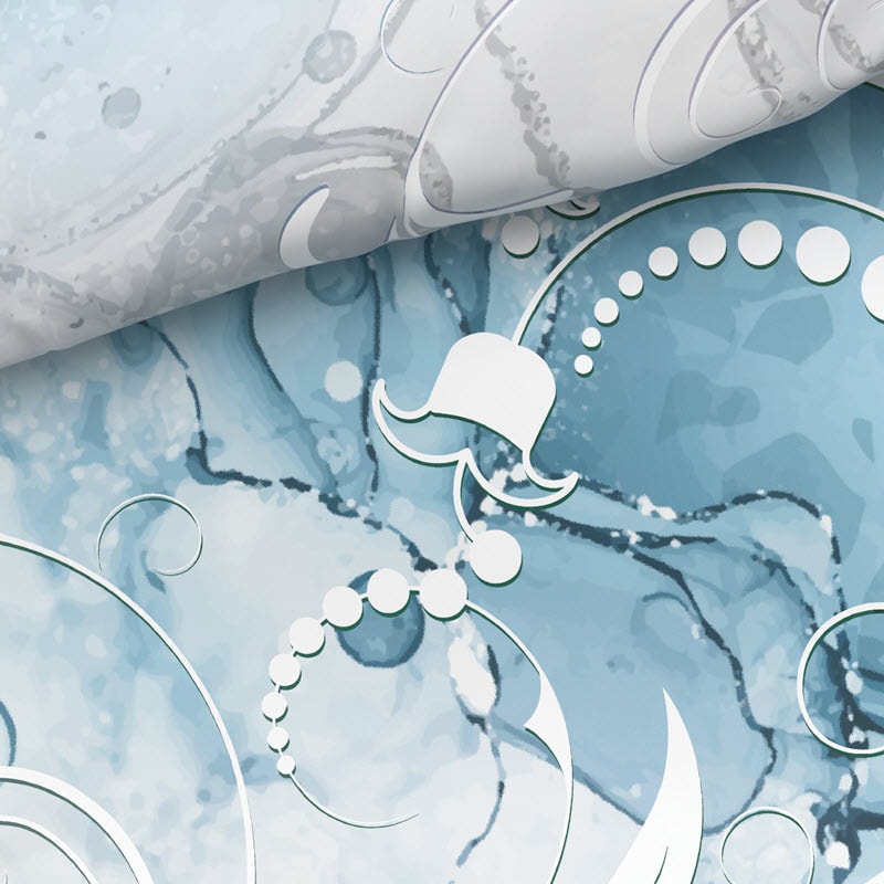 Detailaufnahme des Satin-Stoffs Lavinia mit aquarellartigem blauen Hintergrund und weissen Linien-Zeichnungen – Schweizer Schafwollprodukte Detailaufnahme des Satin-Stoffs Lavinia mit aquarellartigem blauen Hintergrund und weissen Linien-Zeichnungen – Schweizer Schafwollprodukte