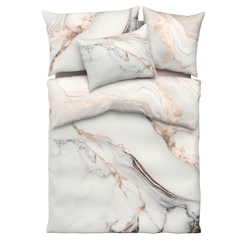 Bettwäsche-Garnitur aus Mako-Satin mit grossem Ornament-Muster in Gold, Blau und Bordeaux-Rot