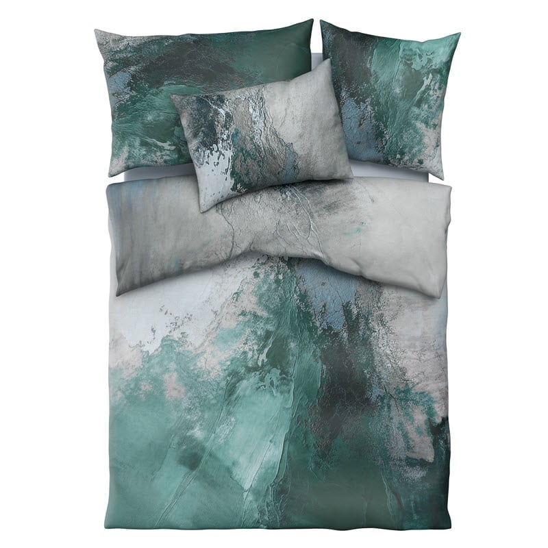 Bettwäsche-Set Lavea petrol mit abstraktem Muster in Türkis, Grau und Weiss, das an Stein oder Wasser erinnert – Schweizer Schafwollprodukte Bettwäsche-Set Lavea petrol mit abstraktem Muster in Türkis, Grau und Weiss, das an Stein oder Wasser erinnert – Schweizer Schafwollprodukte