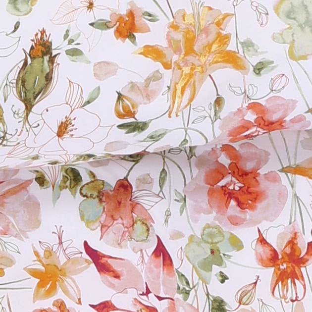 Detailansicht der Satin-Bettwäsche Randy orange mit floralem Aquarell-Muster in Orange, Gelb und Grün – Schweizer Schafwollprodukte Detailansicht der Satin-Bettwäsche Randy orange mit floralem Aquarell-Muster in Orange, Gelb und Grün – Schweizer Schafwollprodukte