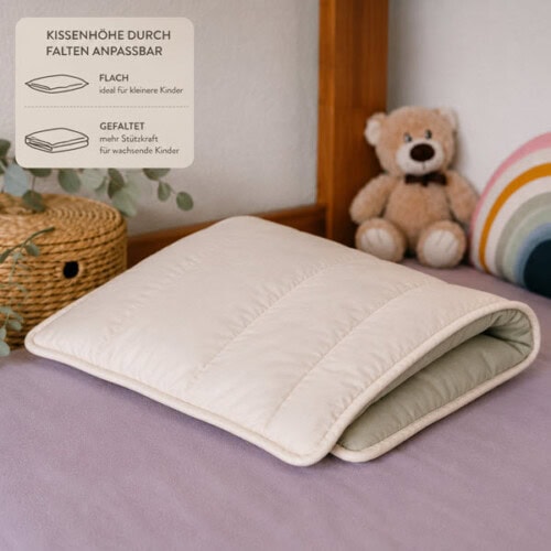 Kinderkissen auch gefaltet verwendbar – Schweizer Schafwollprodukte Babykissen auch doppelt verwendbar