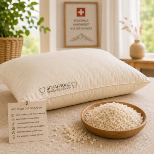 Schafwollkissen mit bester Qualität – Schweizer Schafwollprodukte Schafwollkissen, gefüllt mit Schweizer Schafwollkügelchen