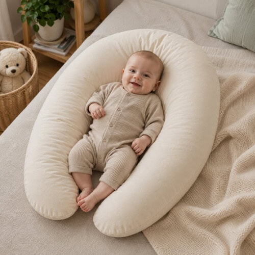 Stillkissen mit Baby – Schweizer Schafwollprodukte Stillkissen als Babynest