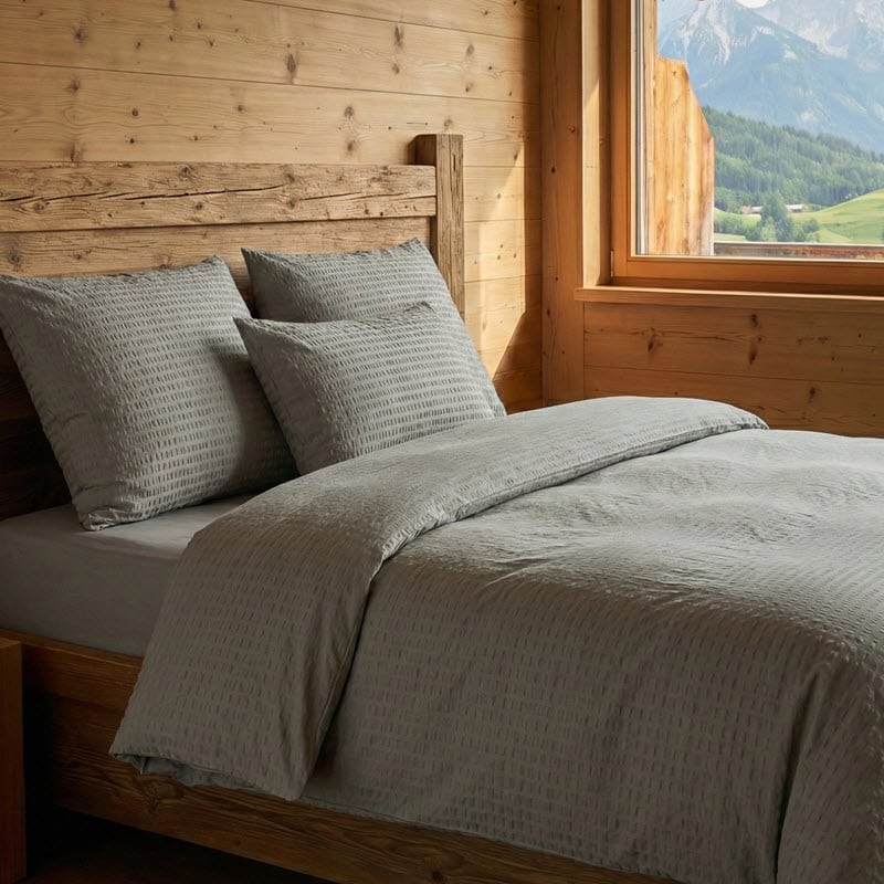 Klassische Seersucker-Bettwäsche mit typischer Crinkle-Struktur, bügelfrei.